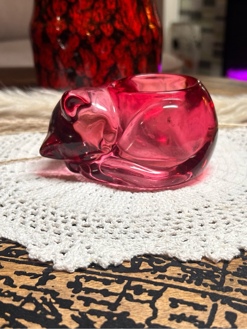 Vintage Indiana Glass Pink Kitten Votive Holder | Cranberry Glass Cat Candle